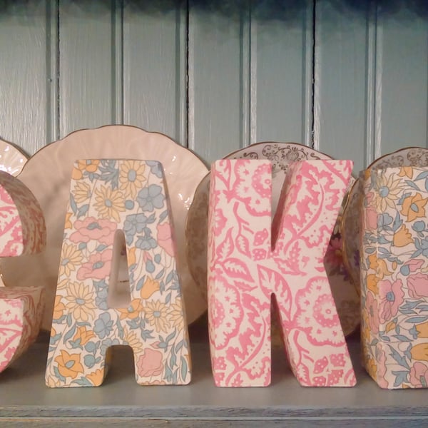 Shabby Chic Cake Letters made using Liberty designs Shelf Sitter Display Cupcake