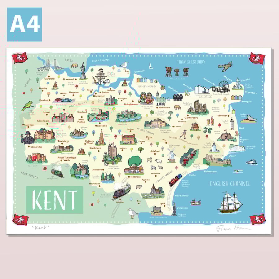 Kent map illustrated poster A4