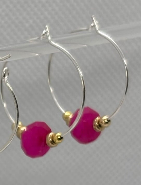 Fuchsia pink jade hoop earrings