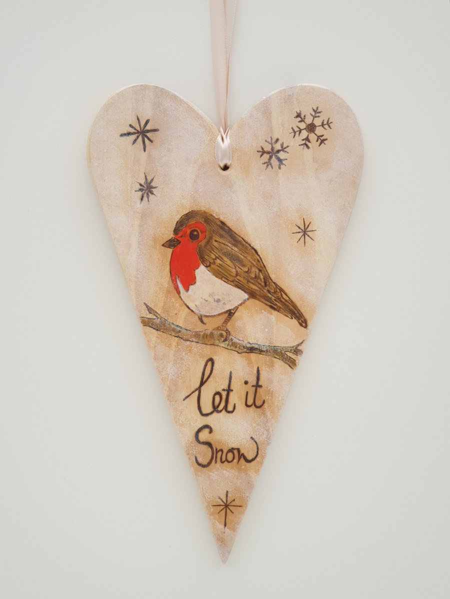 Pyrography robin Christmas hanging heart decoration  