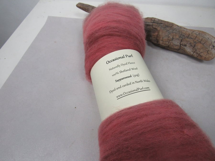 50g Sappanwood Red Naturally Dyed Shetland Wool Batt