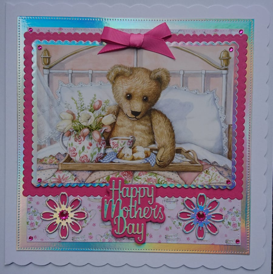 Happy Mother's Day Card Breakfast In Bed Vintage Teddy Bear 3D Luxury Handmade