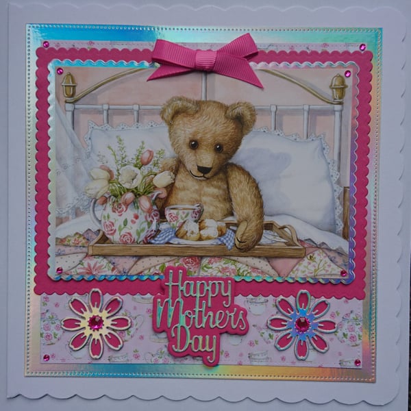 Happy Mother's Day Card Breakfast In Bed Vintage Teddy Bear 3D Luxury Handmade