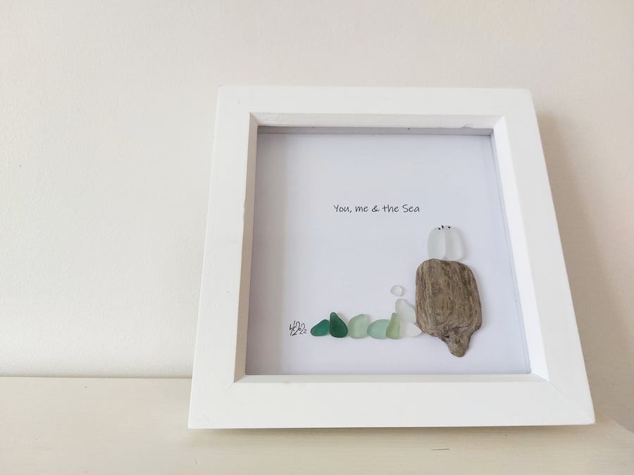 You, Me & the Sea, white framed sea glass artwork - Seaside, Lovebirds