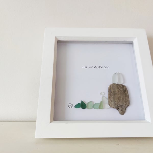 You, Me & the Sea, white framed sea glass artwork - Seaside, Lovebirds