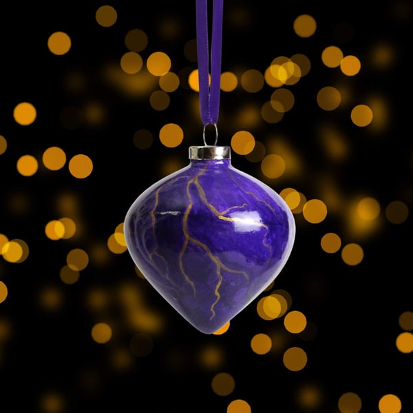 Ceramic Christmas bauble purple and gold vein drop shape hand marbled
