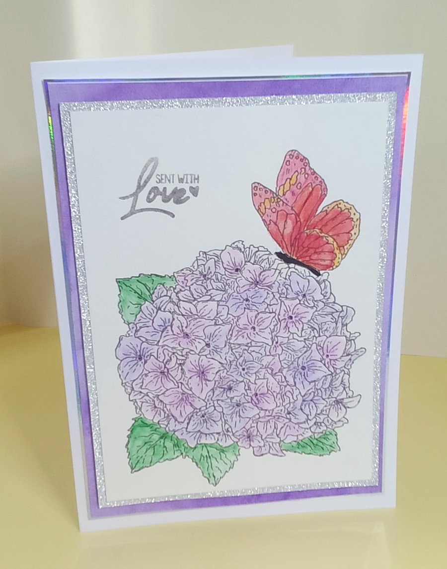 Watercoloured Hydrangea card,  Sent with Love