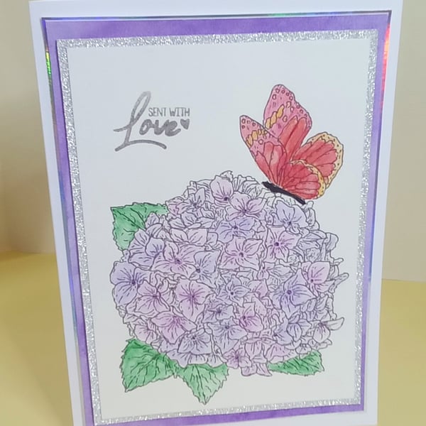 Watercoloured Hydrangea card,  Sent with Love