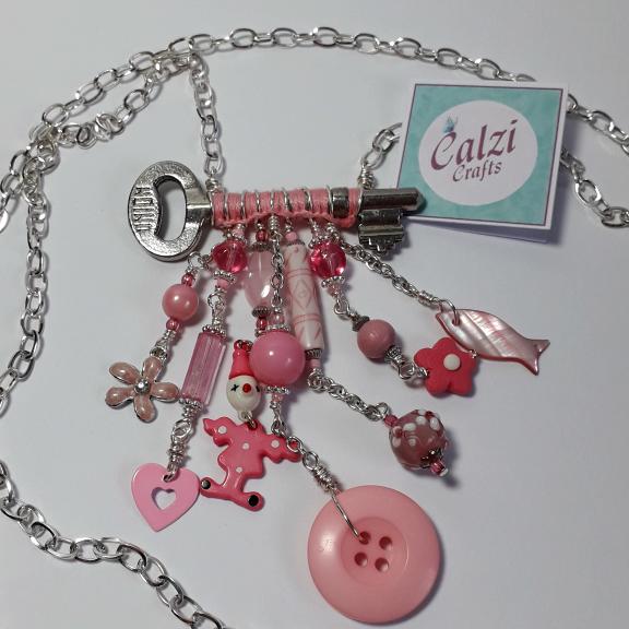 Upcycled Silver Tone Key & Pink Charm Boho Necklace 