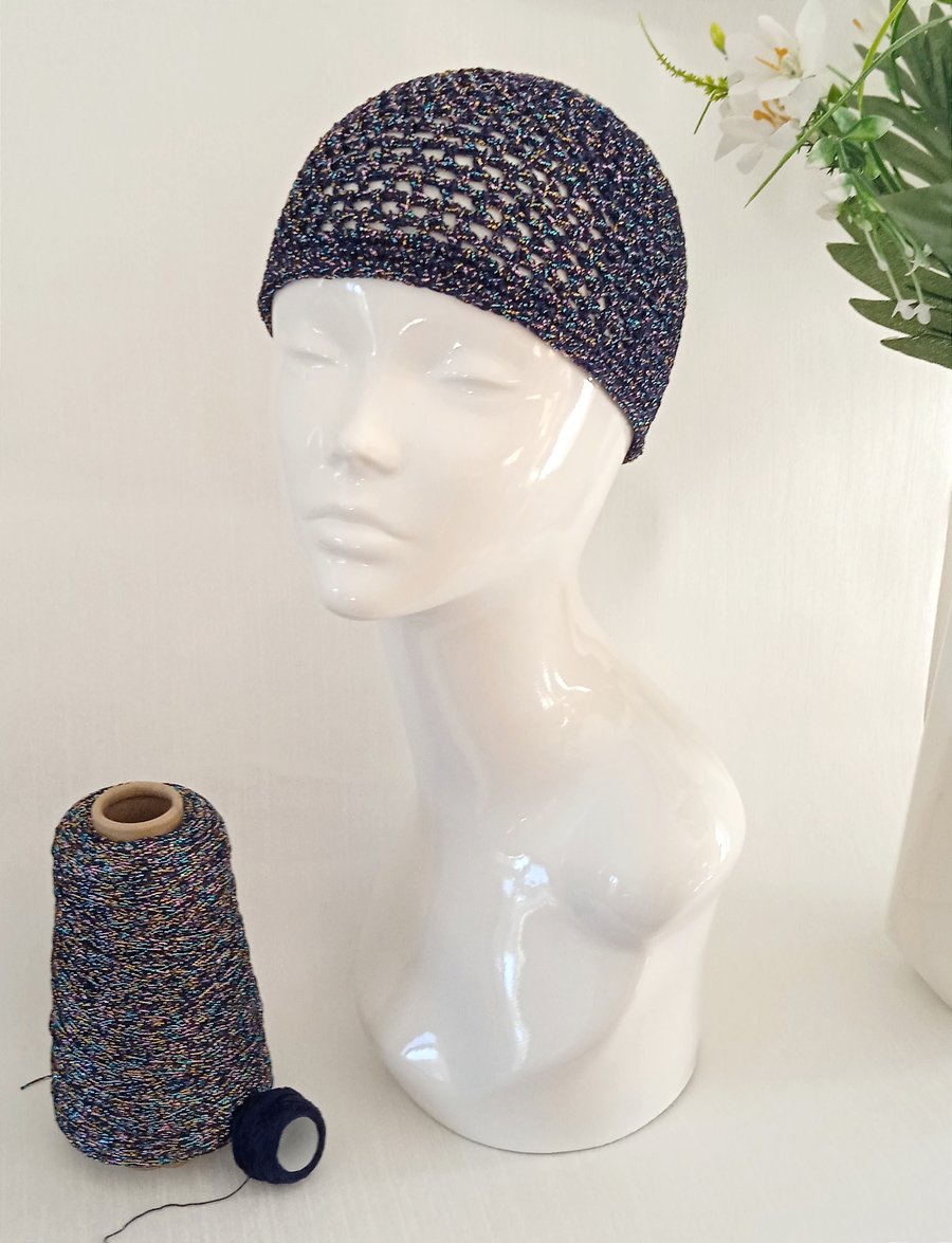 Sparkly Navy Blue and Multi Colour Glitter Mesh Crochet Skull Cap