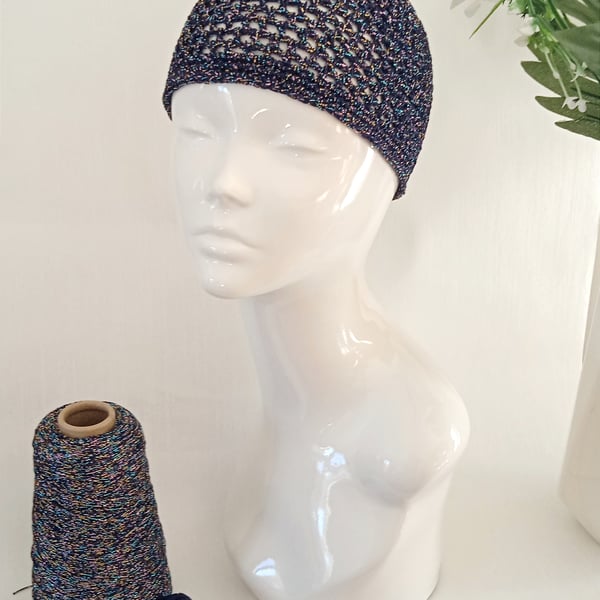 Sparkly Navy Blue and Multi Colour Glitter Mesh Crochet Skull Cap