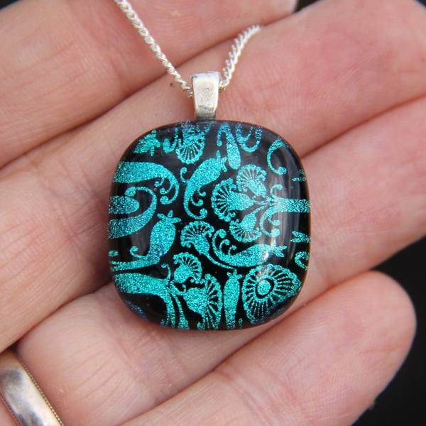 Handmade Teal blue green Flower Pattern Dichroic Glass Pendant fused  SKU F18