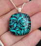 Handmade Teal blue green Flower Pattern Dichroic Glass Pendant fused  SKU F18