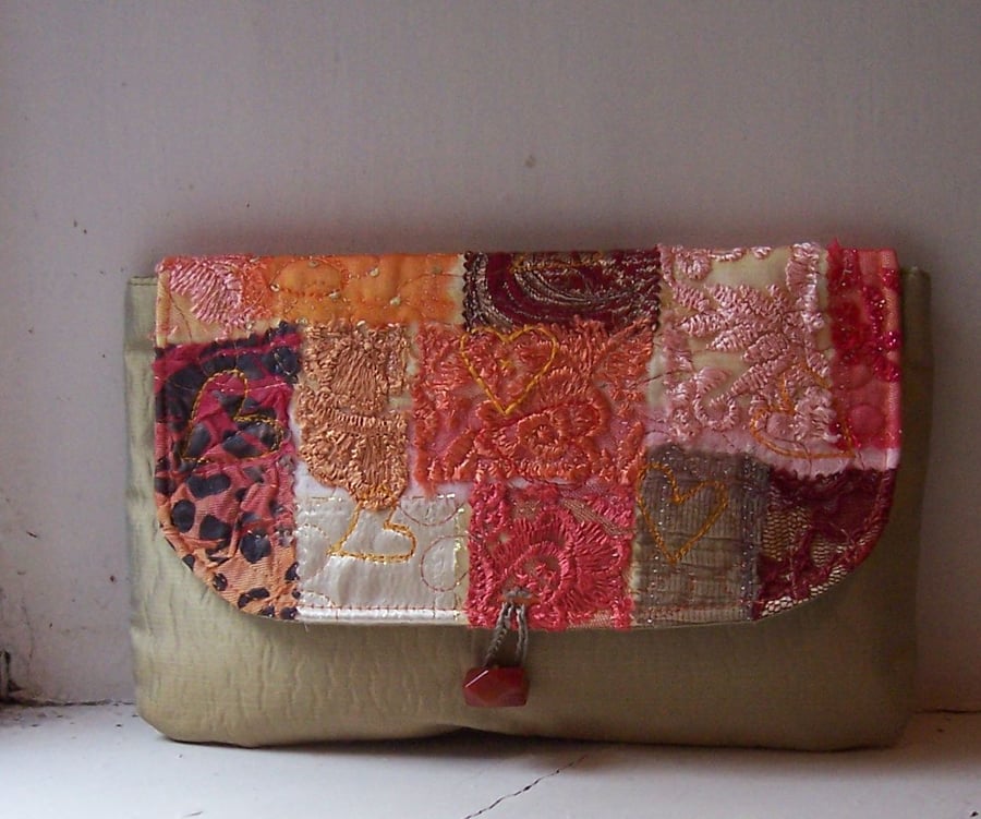 Clutch bag with appliqued lace and embroidered flap - Moidart 