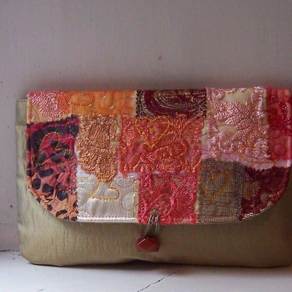 Clutch bag with appliqued lace and embroidered flap - Moidart 