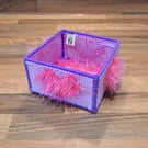 Container for desk items - glitter purple with pink furry hearts, Valentines Day