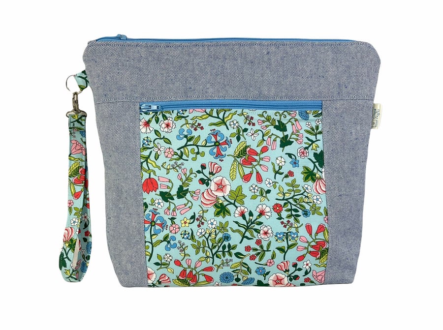Liberty print knitting and crochet pouch bag with zip pocket and floral print, 