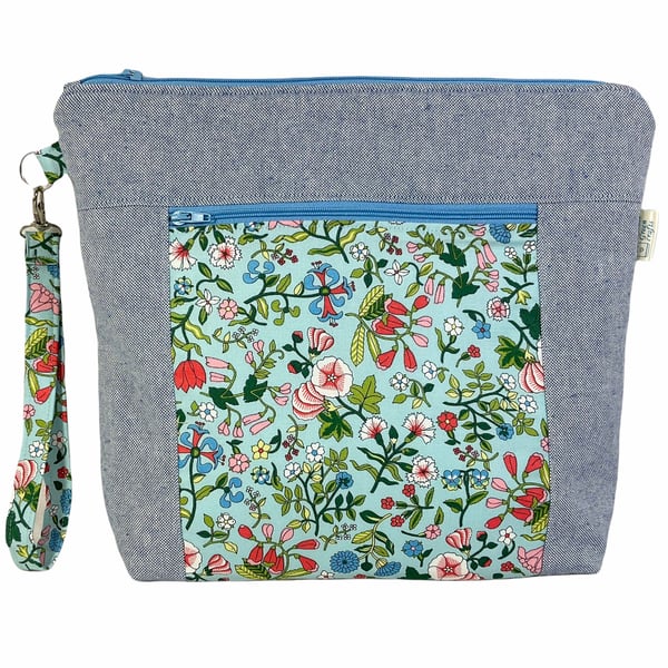 Liberty print knitting and crochet pouch bag with zip pocket and floral print, 