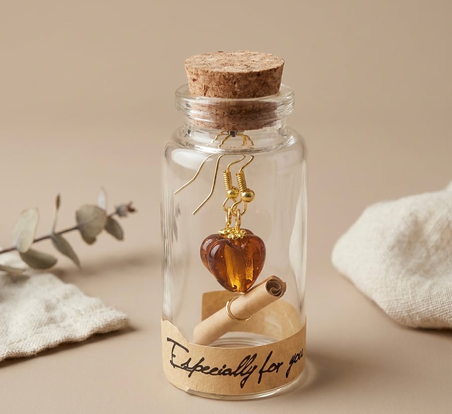 Golden Amber Foil Glass Heart Earrings in a Gift Bottle
