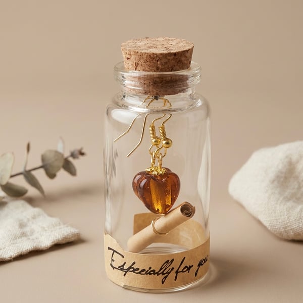 Golden Amber Foil Glass Heart Earrings in a Gift Bottle