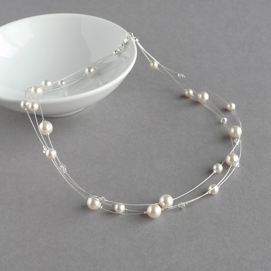 White Floating Pearl Necklace - Multi-strand Bridal Jewellery - Gifts for Women