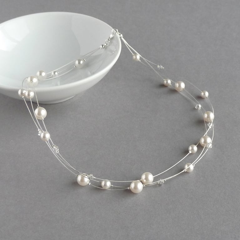 White Floating Pearl Necklace - Multi-strand Bridal Jewellery - Gifts for Women