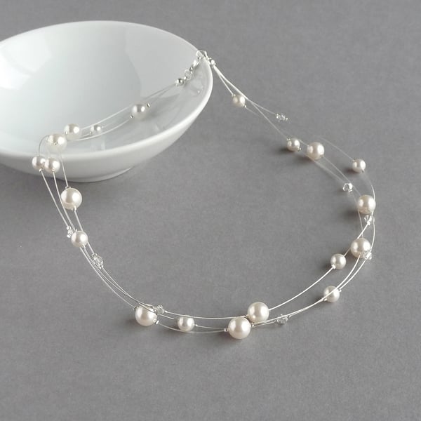 White Floating Swarovski Pearl Necklace - Multi-strand Bridal Jewellery