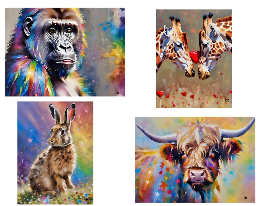 Pack of 4 Animal Themed Greeting Cards A5 