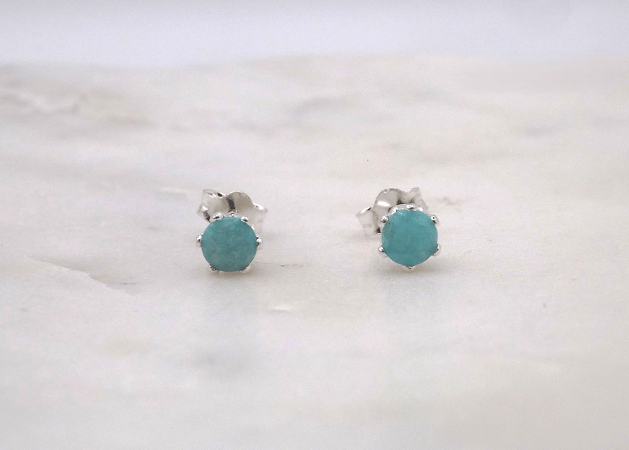 Amazonite Facet 4mm Gemstone 6 Prong Sterling Silver Stud Earrings.