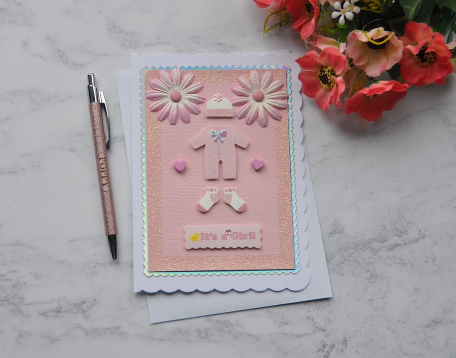 New Baby Girl Card Beanie Booties Socks Babygrow Pink Flowers 3D Luxury Handmade