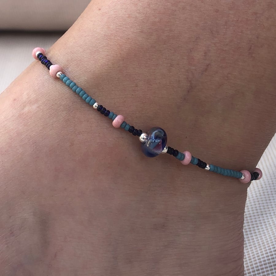 Pink & Blue Lamp Work Glass, Sterling Silver and Seed Bead Anklet.  