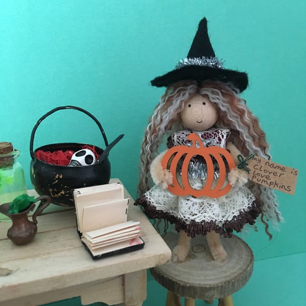 Tiny Autumn Witch Doll Decoration, Halloween Witch Core Ornament, Autumn Decor