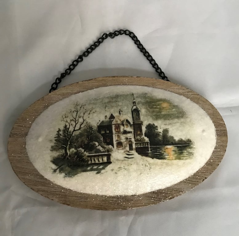 Vintage Snow Scene Medallion Hanging Decorations Wood & Metal Lake