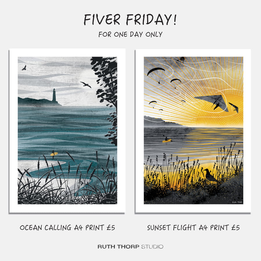 Fiver Friday Deal: Ocean Calling and Sunset Flight A4 Prints
