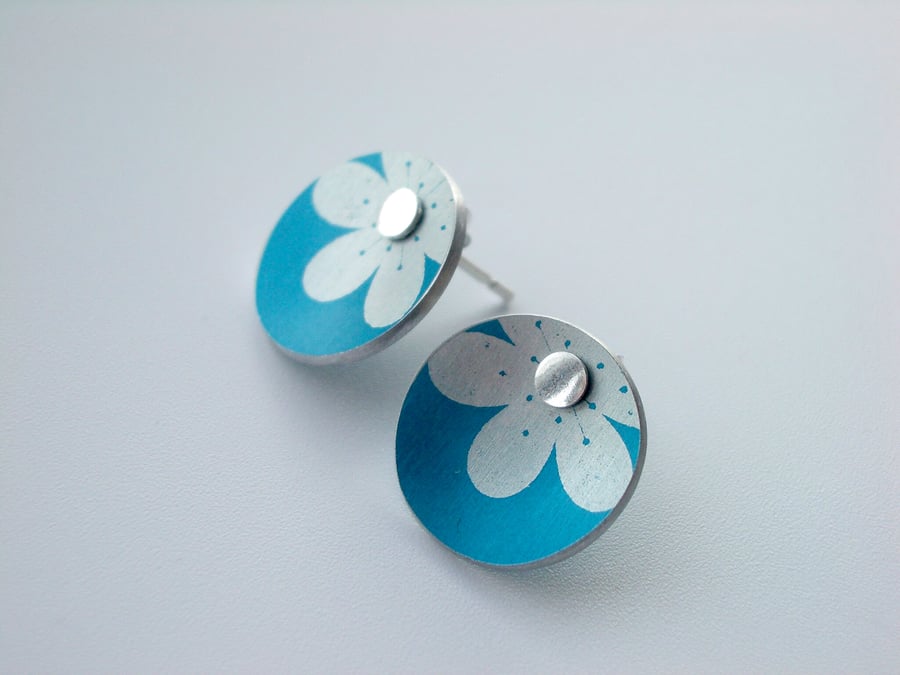 Flower earring studs in dark teal