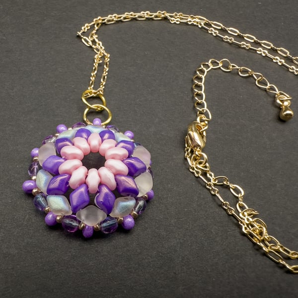 Gold Plated Beaded Pendant with Pink, Lilac and Opalescent Beads