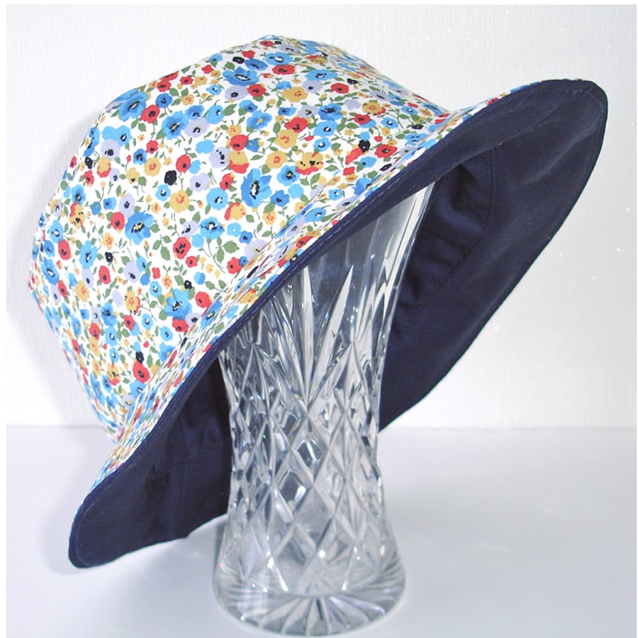 Sun Hat Bucket Hat Ditsy Floral Navy Blue Red Orange Reversible Summer Hat