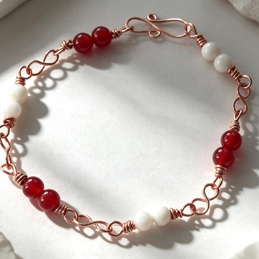Handmade Copper Bracelet - Red Carnelian and White Moonstone Gemstones