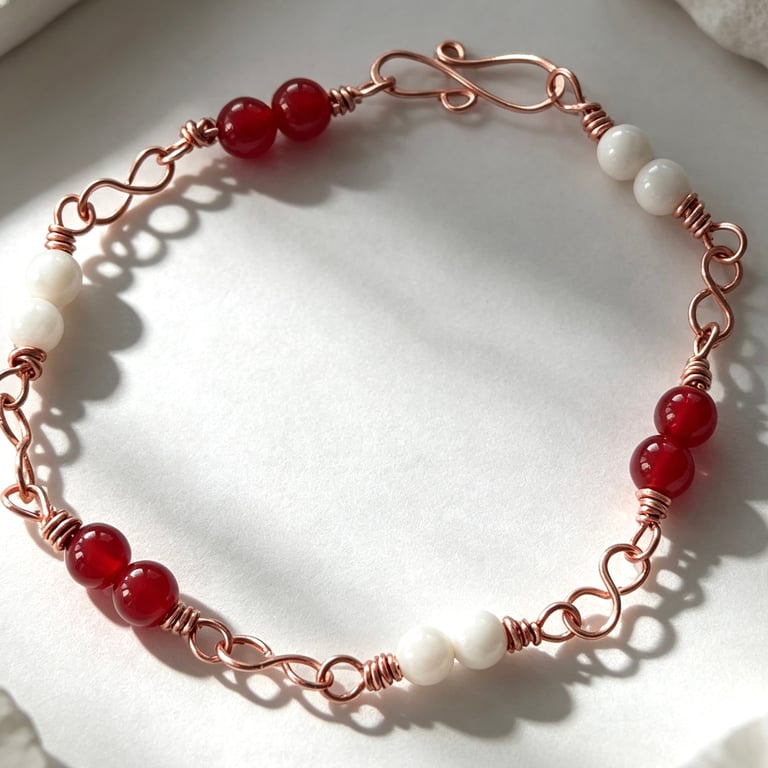 Handmade Copper Bracelet - Red Carnelian and White Moonstone Gemstones