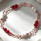 Handmade Copper Bracelet - Red Carnelian and White Moonstone Gemstones