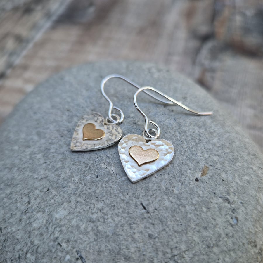 Sterling Silver and Gold Hammered Heart Drop Earrings