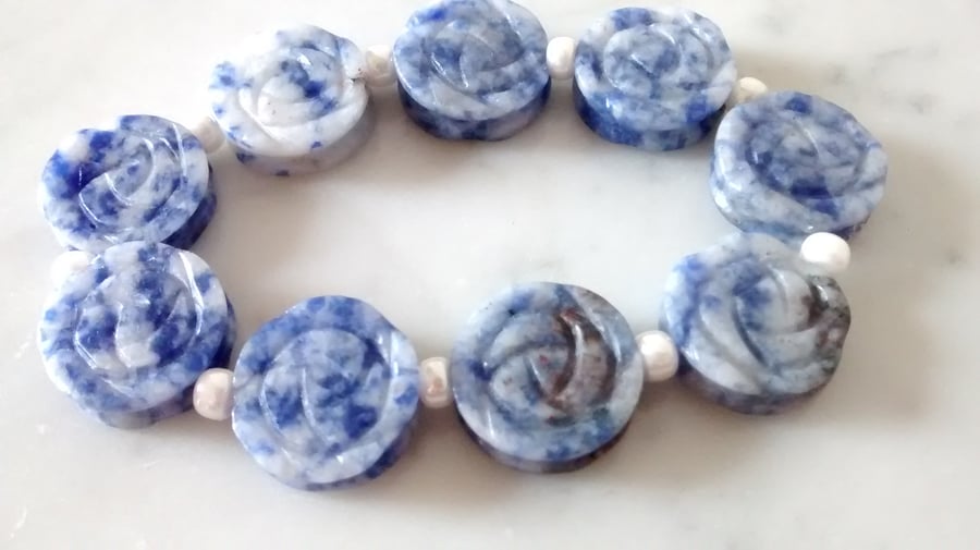 SODALITE STRETCHY BRACELET -  CARVED FLOWERS - - FREE SHIPPING WORLDWIDE