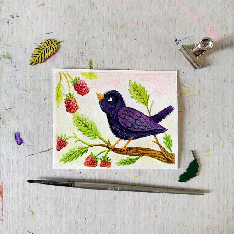 Original Blackbird Painting - Mixed Media - One of a kind