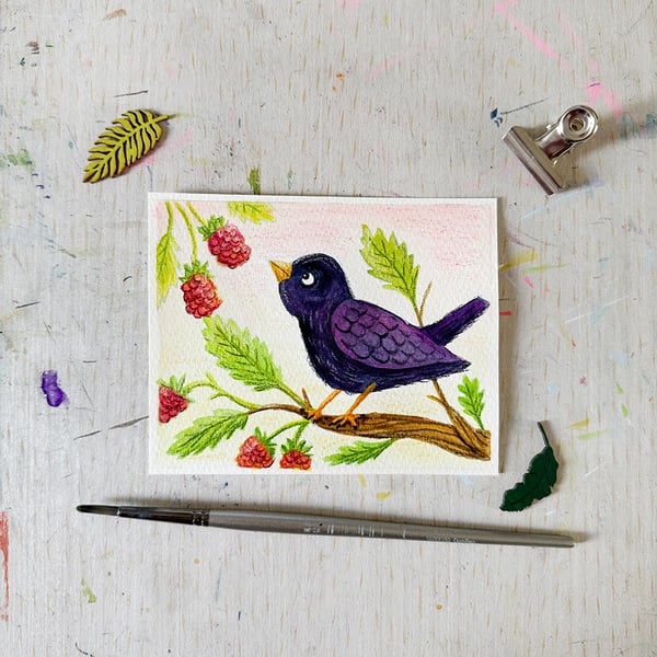 Original Blackbird Painting - Mixed Media - One of a kind
