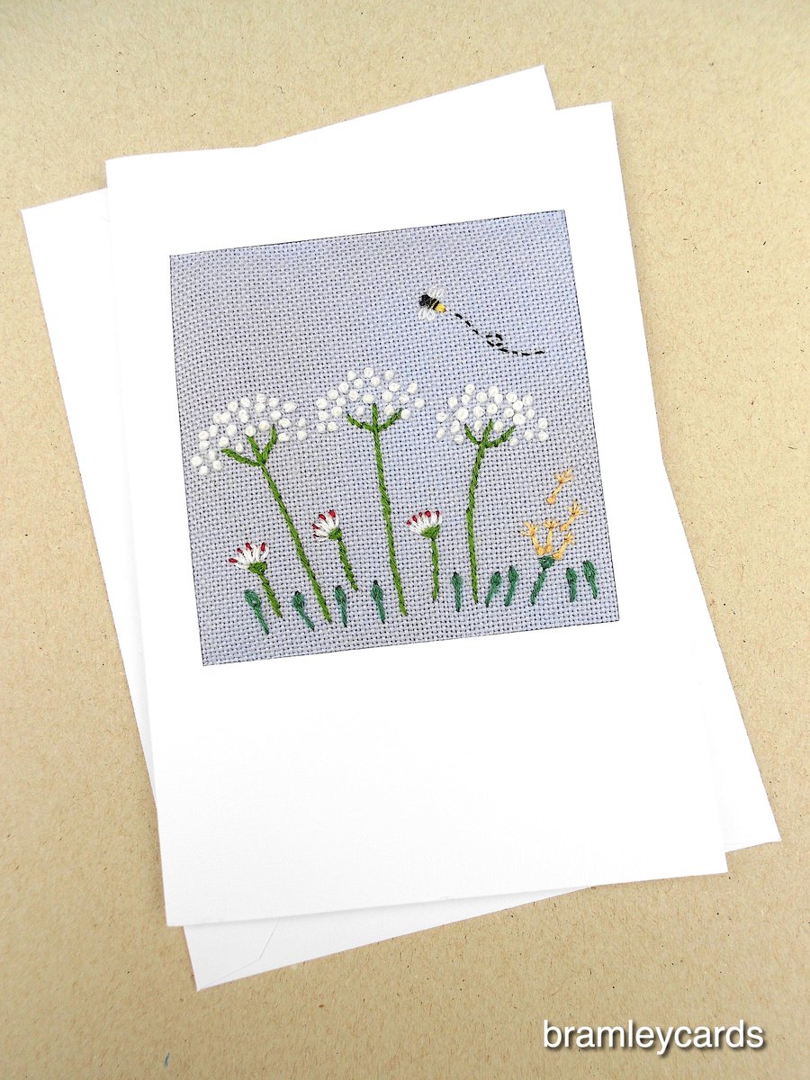 Embroidered Cow Parsley Hedgerow for Birthday. Thank you. Get Well Card
