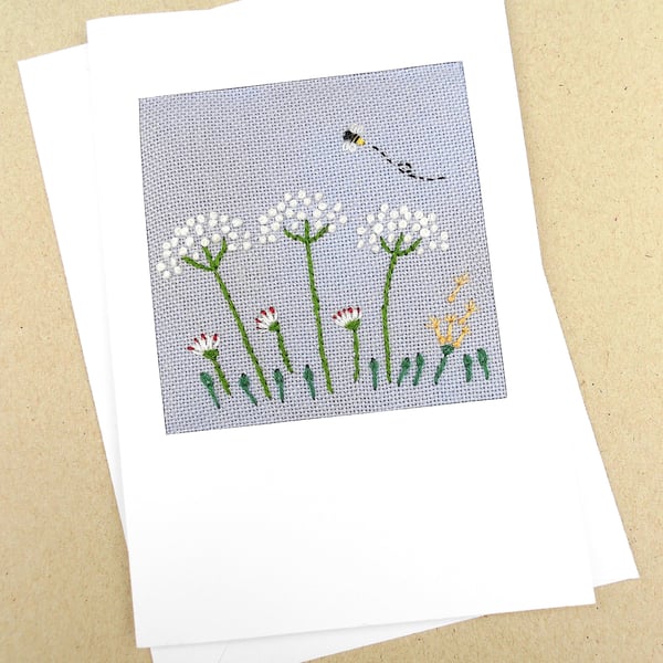 Embroidered Cow Parsley Hedgerow for Birthday. Thank you. Get Well Card