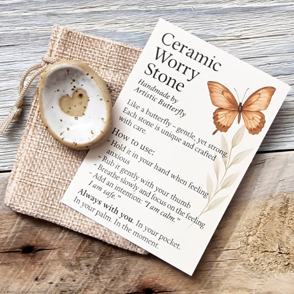 Handmade Ceramic Worry Stone with Beige Heart 