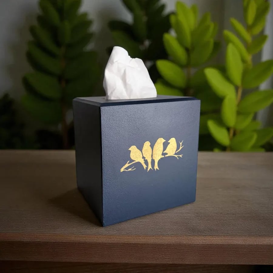 Handmade blue & gold birds on branch cube tissue box cover