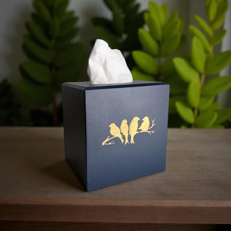 Handmade blue & gold birds on branch cube tissue box cover