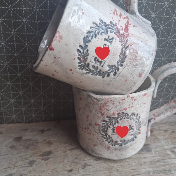 Ceramic handmade coffee mug f8ck sweary mug white with blood spatter 